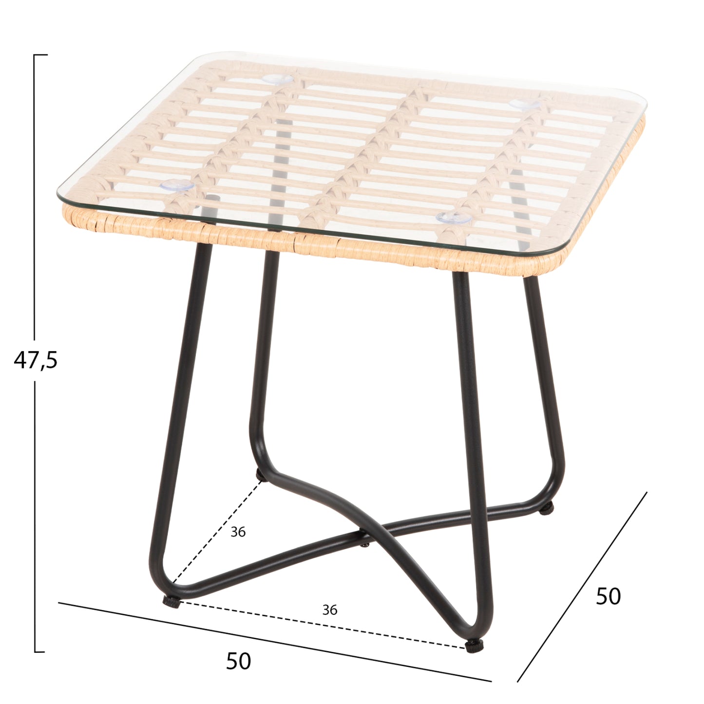 Coffee Table Gerry Hm5717.11 P.e.rattan In Beige-black Metal Frame 50x50x47,5hcm.