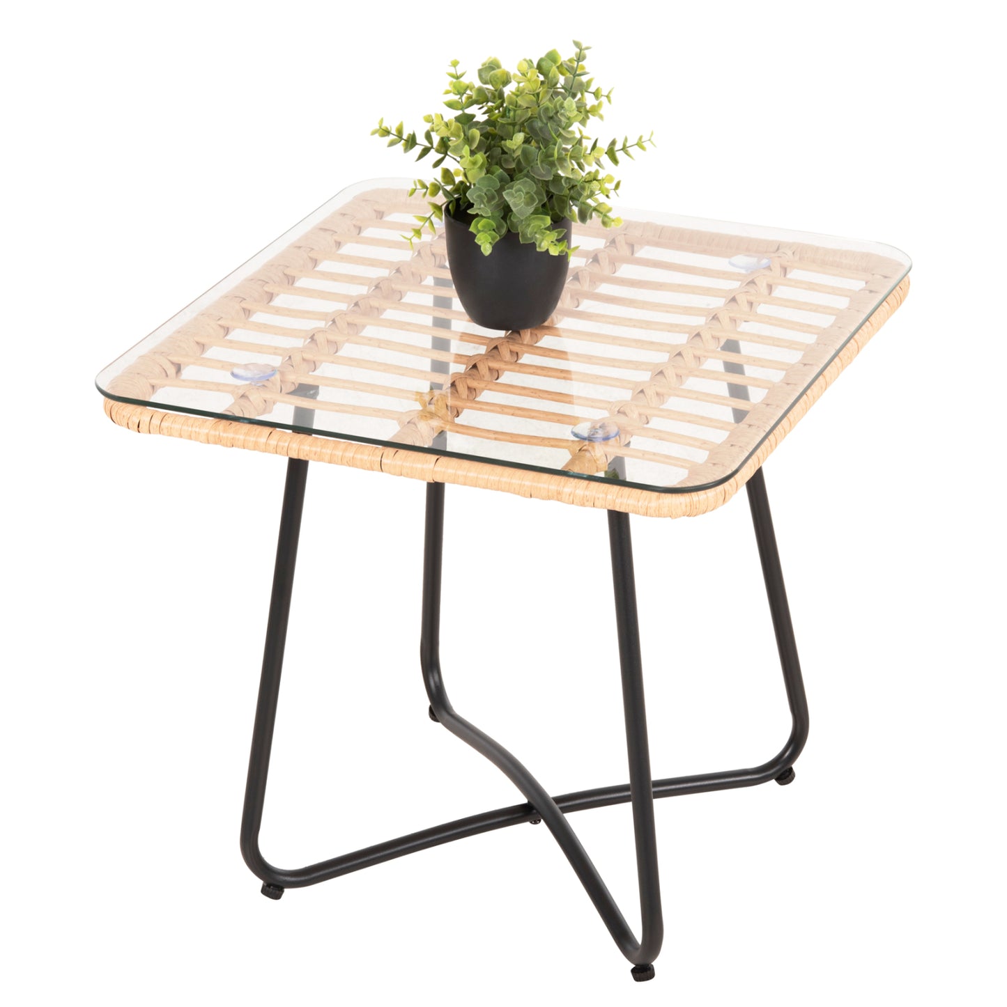 Coffee Table Gerry Hm5717.11 P.e.rattan In Beige-black Metal Frame 50x50x47,5hcm.