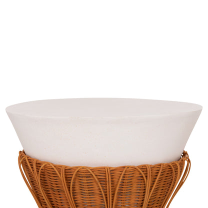 Side Table Round Perral Hm18164.02s Fiber Cement In White-natural Rattan--Φ42x36hcm.