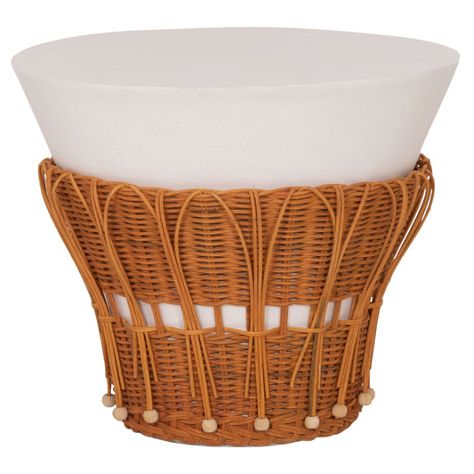Side Table Round Perral Hm18164.02s Fiber Cement In White-natural Rattan--Φ42x36hcm.