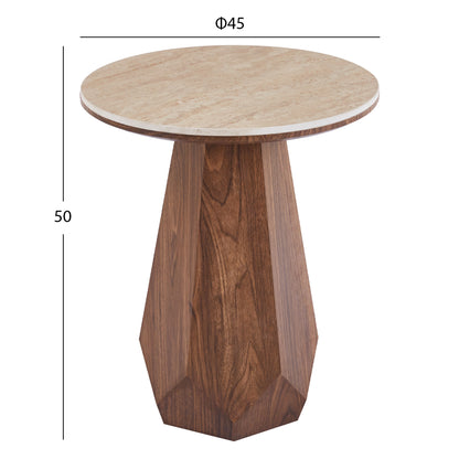 Side Table Venera Hm18442 Ceramic Top With Travertine Stone Look--mdf Base Walnut Φ45x50h