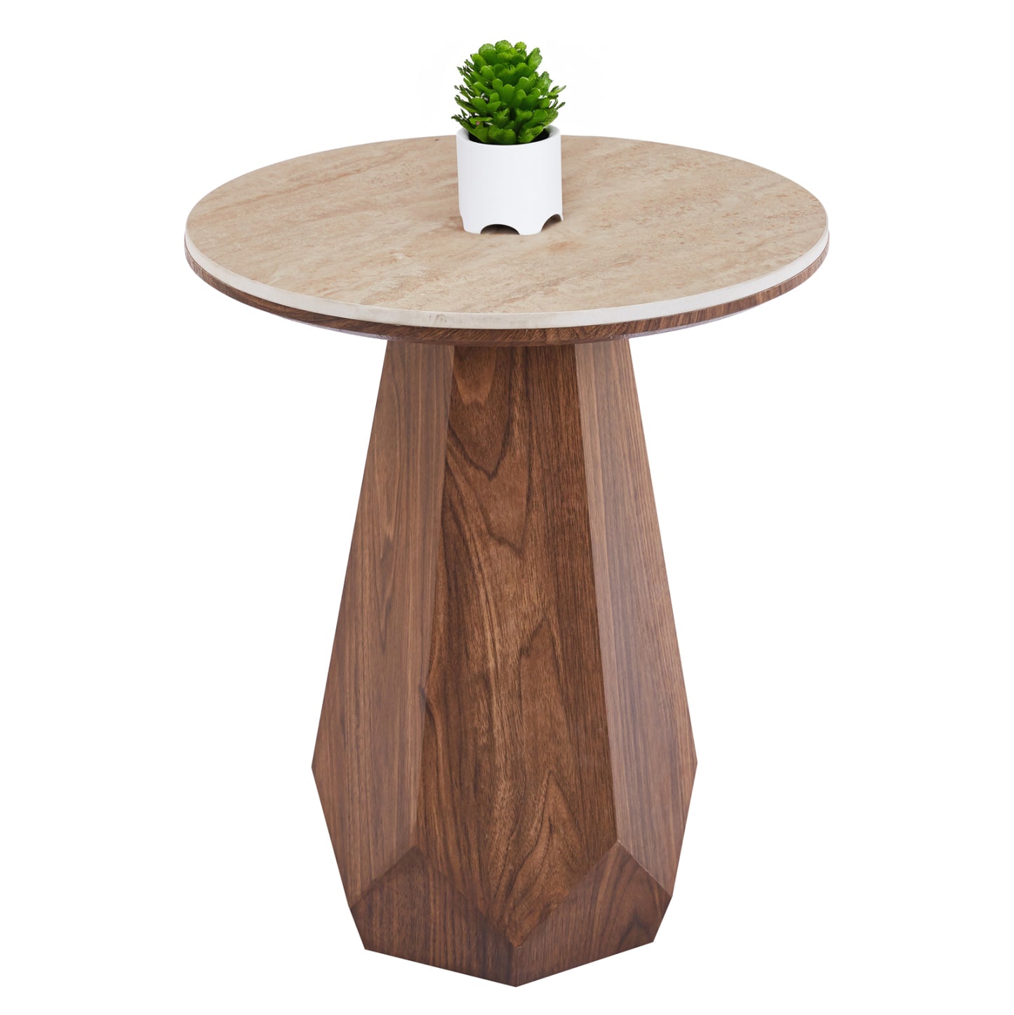 Side Table Venera Hm18442 Ceramic Top With Travertine Stone Look--mdf Base Walnut Φ45x50h