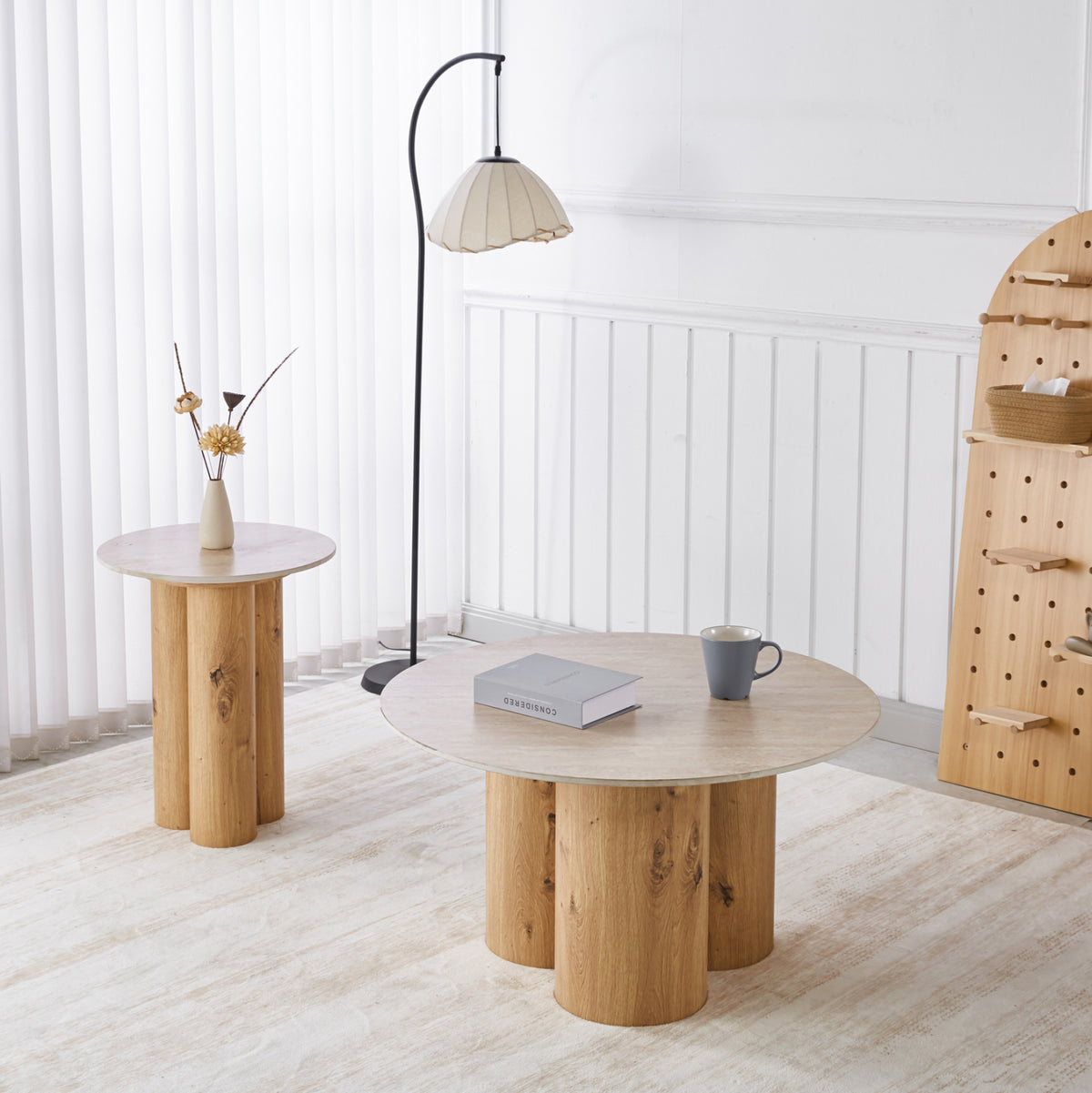 Side Table Silva Hm18444 Ceramic Top With Travertine Stone Look--mdf Base Natural Φ45x55h