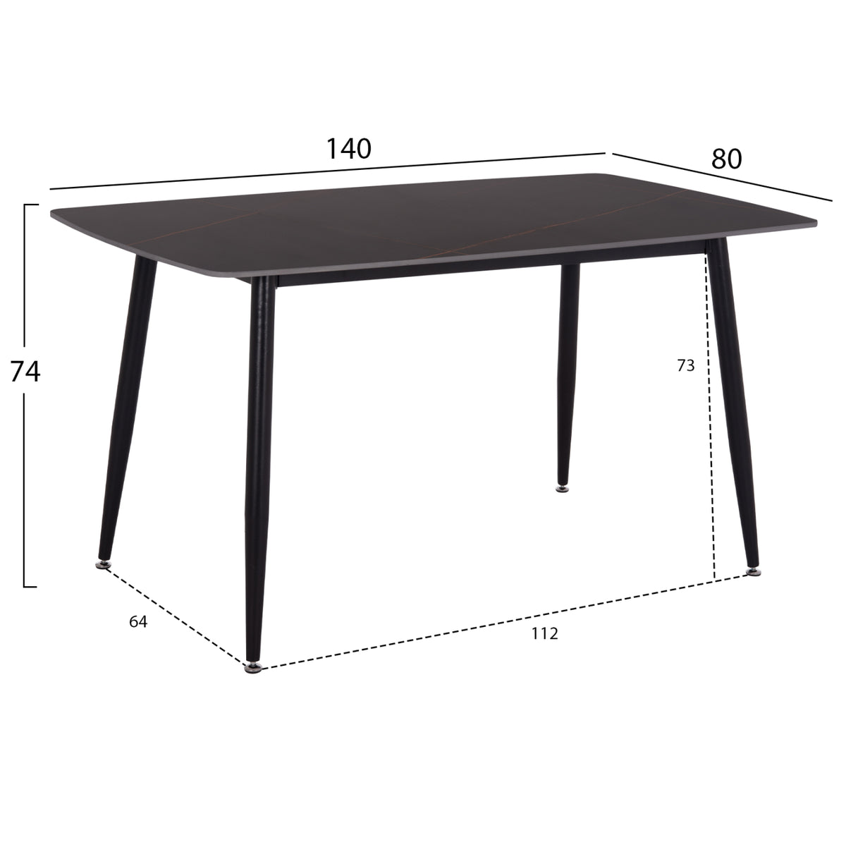 Dining Table Raven Ceramic Top In Black Marble Look 140x80xH74cm