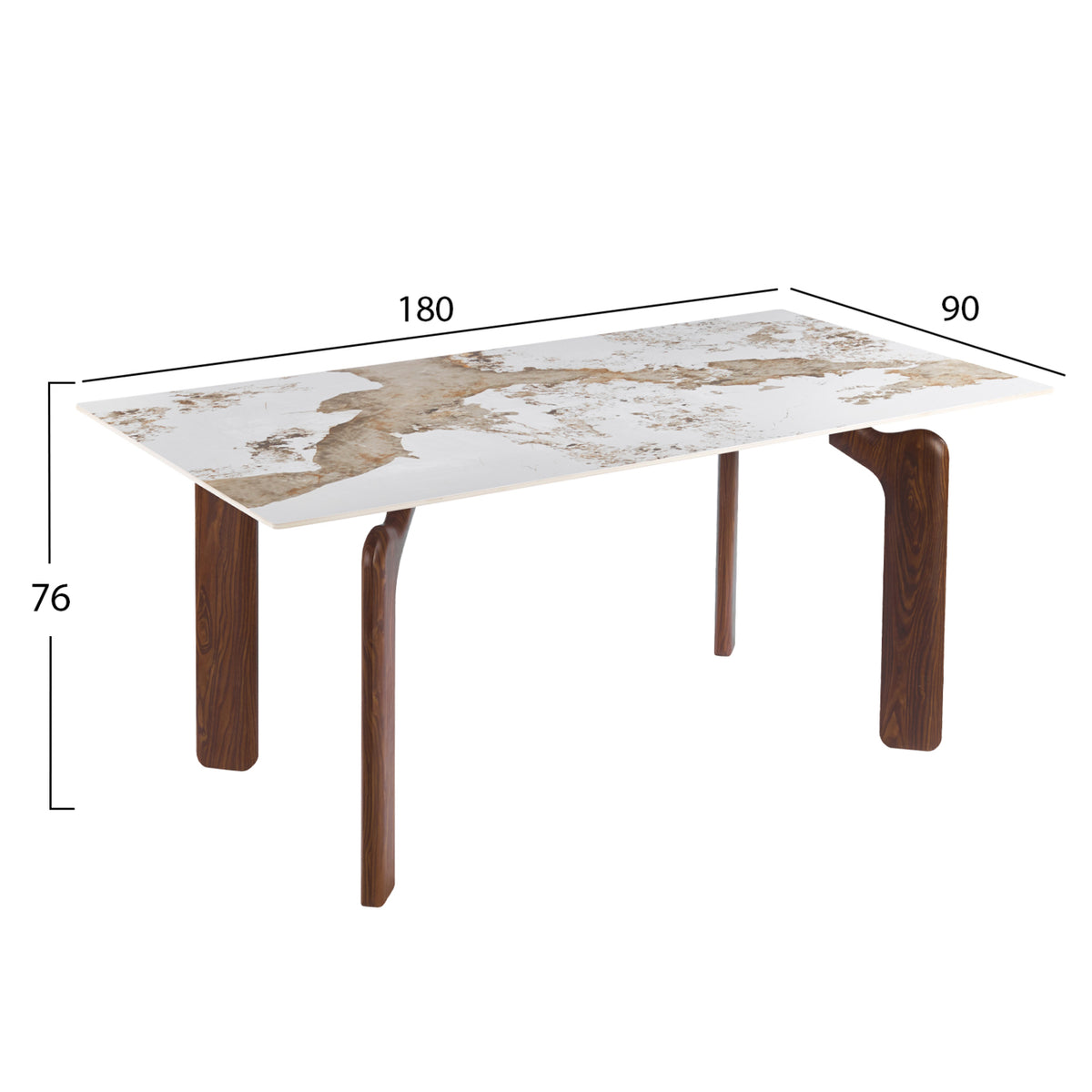 Dining Table Dalle Hm18479.01 Mdf Top In White Marble--metal Legs In Walnut 180x90x76hcm.
