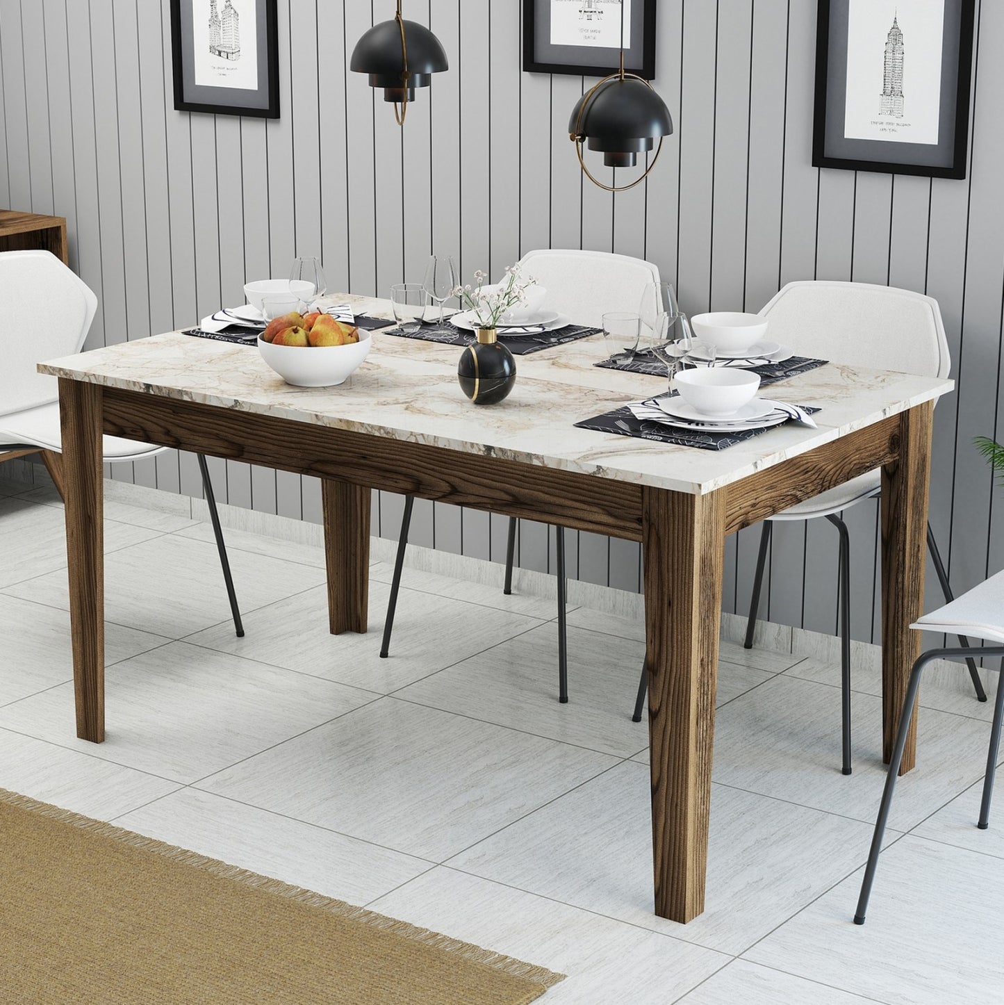 Dining Table Standard Hm9507.03 Melamine Walnut-white Marble-look With Storage Space 145x88x75hcm.