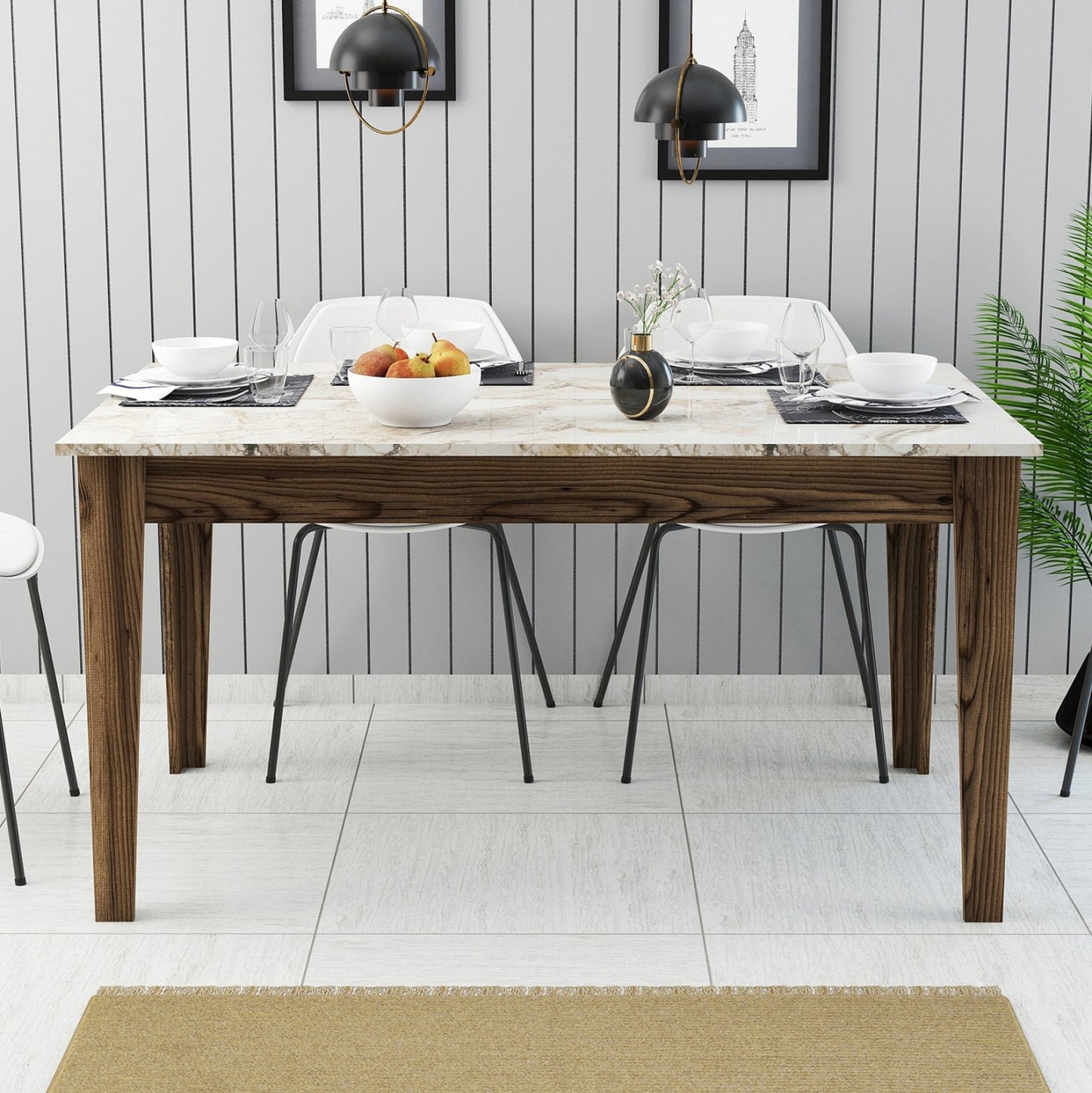 Dining Table Standard Hm9507.03 Melamine Walnut-white Marble-look With Storage Space 145x88x75hcm.