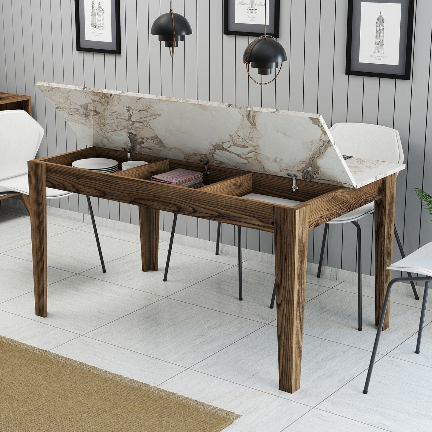 Dining Table Standard Hm9507.03 Melamine Walnut-white Marble-look With Storage Space 145x88x75hcm.