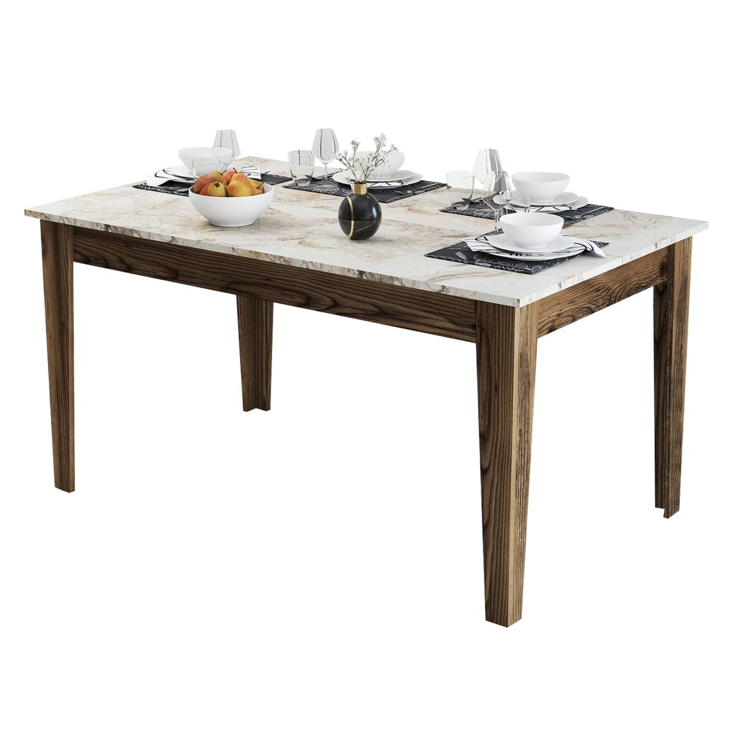 Dining Table Standard Hm9507.03 Melamine Walnut-white Marble-look With Storage Space 145x88x75hcm.