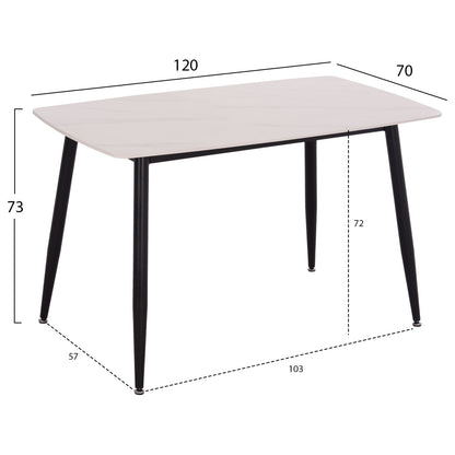 Dining Table Raven Hm9854.01 Ceramic Top In Matte White Marble-black Metal Legs 117,5x67,5x76hcm.