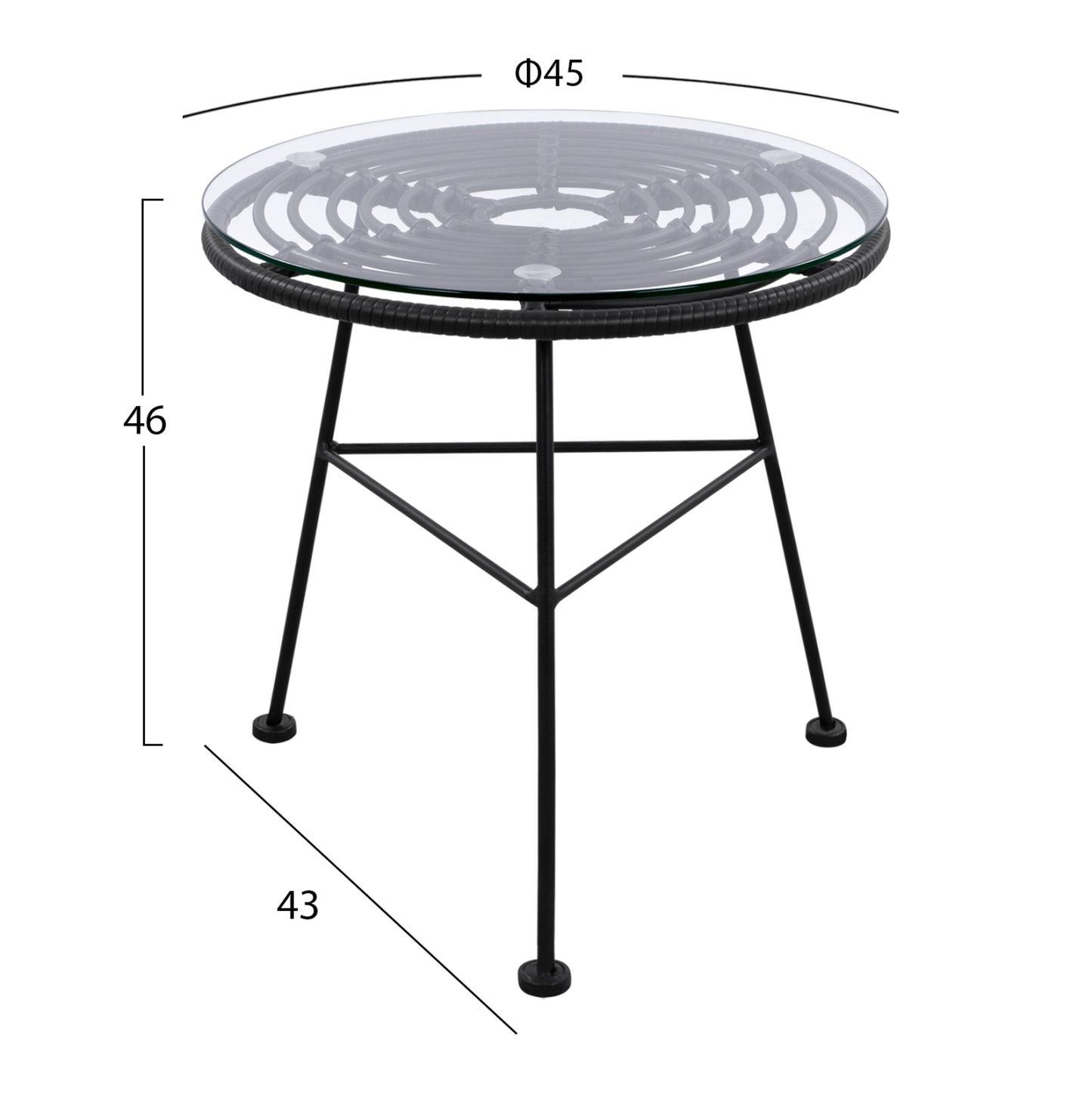 Metallic Table Allegra With Wicker In Black Color And Glass Hm5459.02 ''45x46cm
