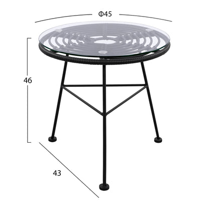 Metallic Table Allegra With Wicker In Black Color And Glass Hm5459.02 ''45x46cm