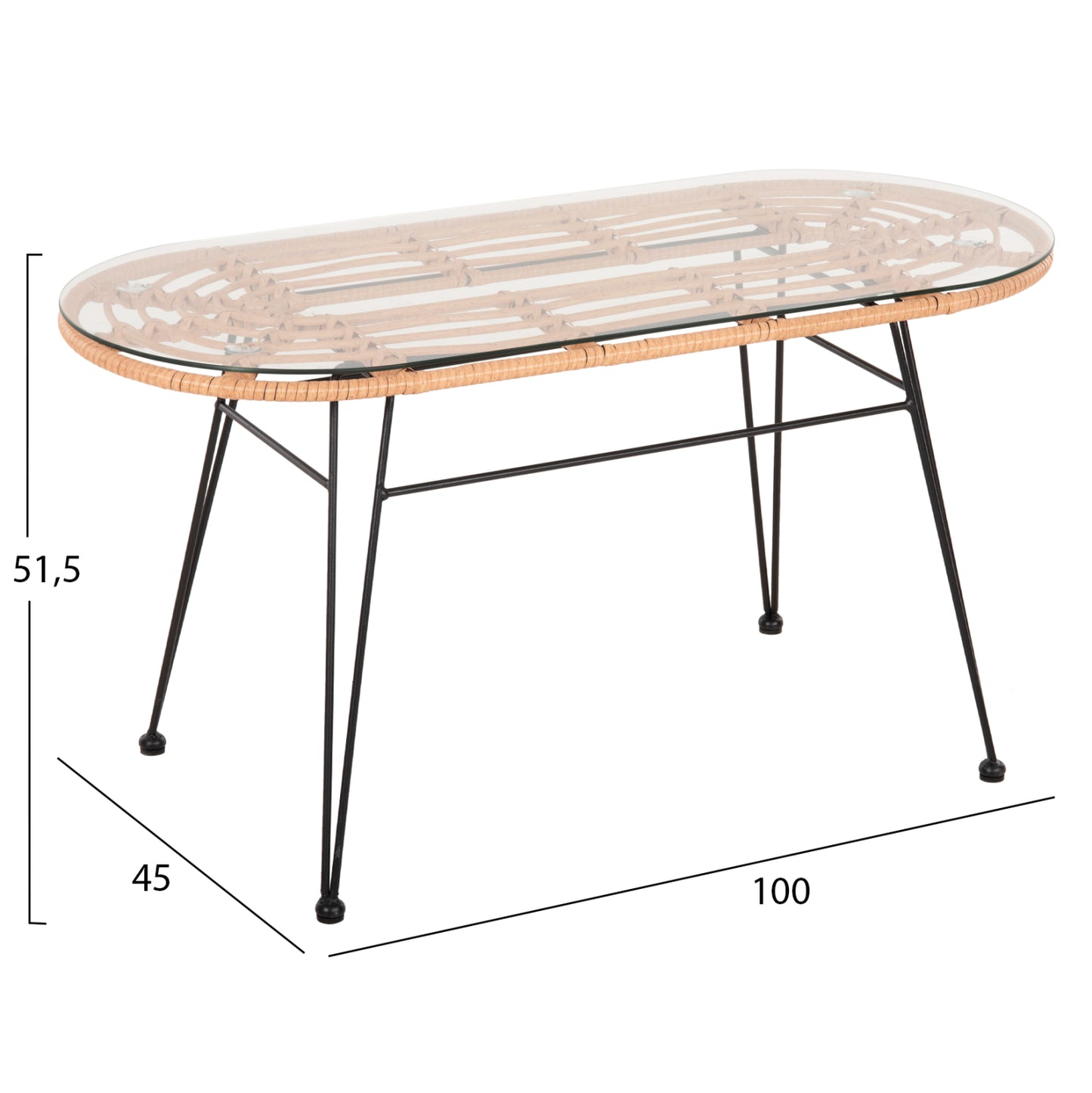 Outdoor Oval Coffee Table Allegra Hm5695.11 Beige Wicker-black Metal 100x45x51,5hcm.