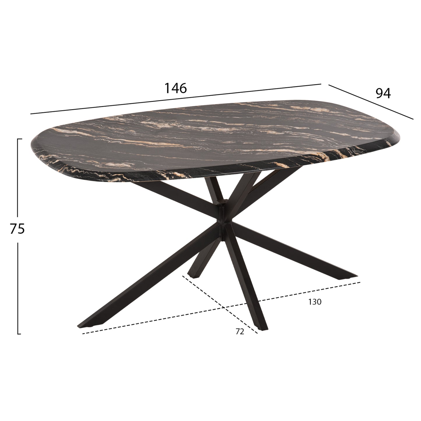 Dining Table Oval Rodden Hm11903.02 Werzalit Tabletop In Black/gold Marble Look-black Metal Base 146x94x75hcm.