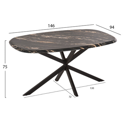 Dining Table Oval Rodden Hm11903.02 Werzalit Tabletop In Black/gold Marble Look-black Metal Base 146x94x75hcm.