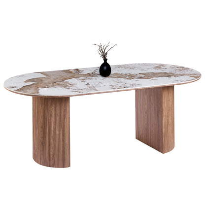 Dining Table Oval Marblex Hm18428 Ceramic Top In Pandora Color--mdf Legs In Walnut 210x100x77hcm.