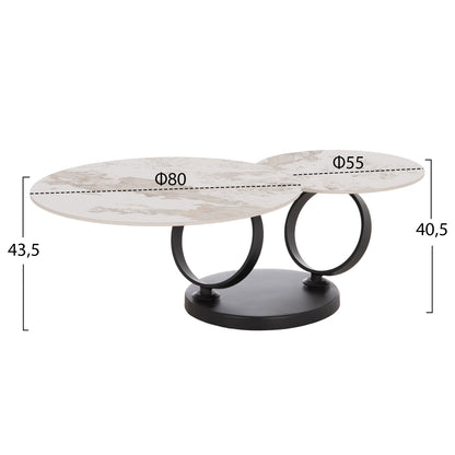 Coffee Table Double Nubisa Hm18364.01 Metal In Black--sintered Stone Pandora Φ80Χ43.5hcm.