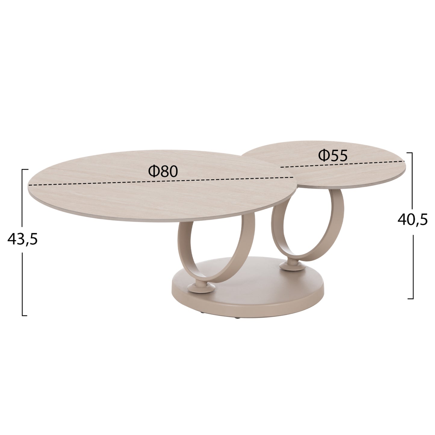 Coffee Table Double Nubisa Hm18364.02 Metal In Beige--sintered Stone In Travertine Color Φ80Χ43.5hcm.