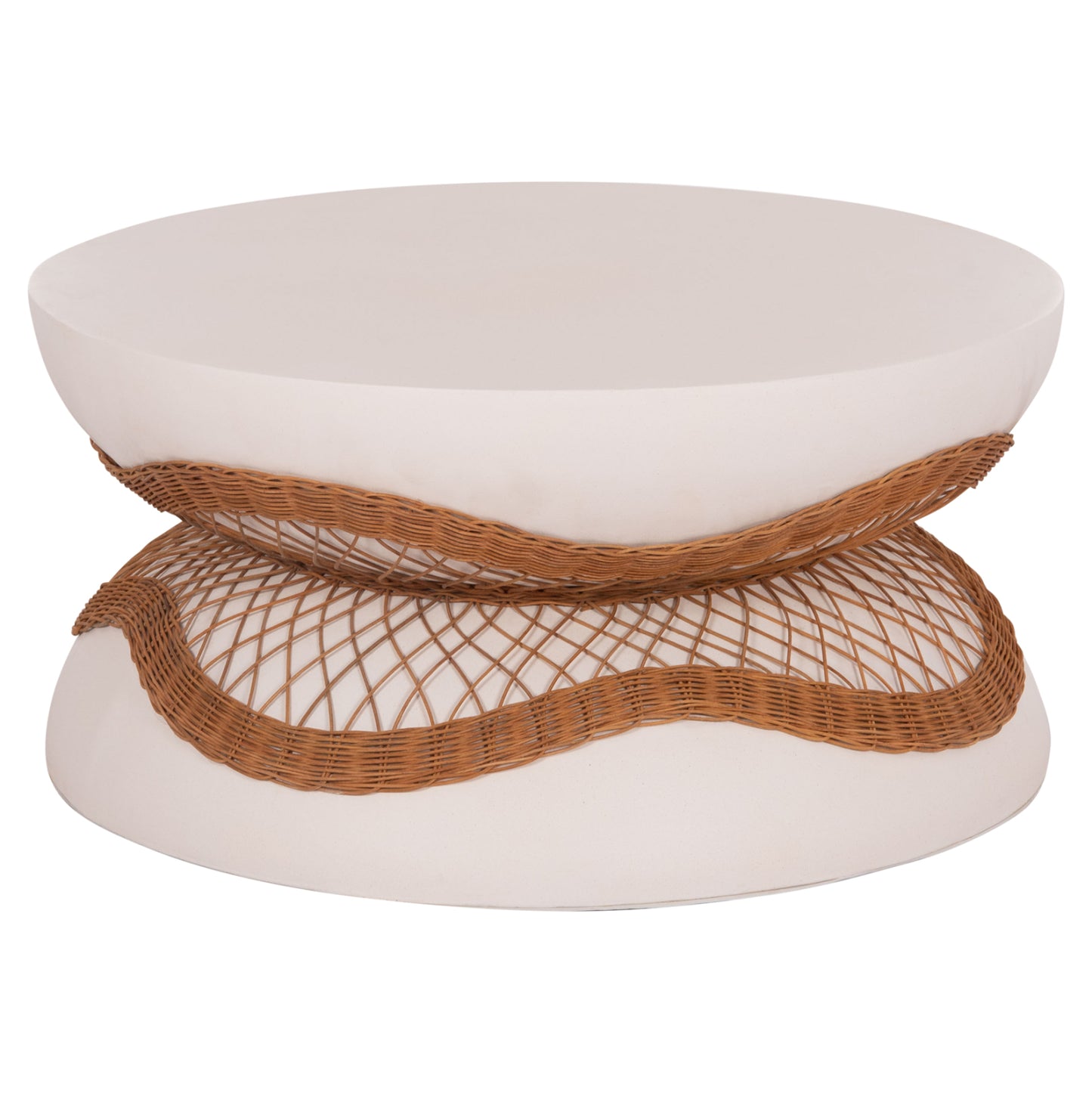 Coffee Table Round Anna Hm18157.02 Fiber Cement In White-natural Rattan--Φ92x44.5hcm.
