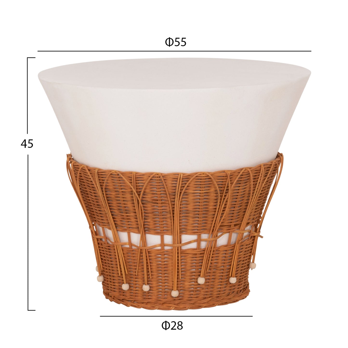 Coffee Table Round Perral Hm18164.02l Fiber Cement In White-natural Rattan--Φ55x45hcm.
