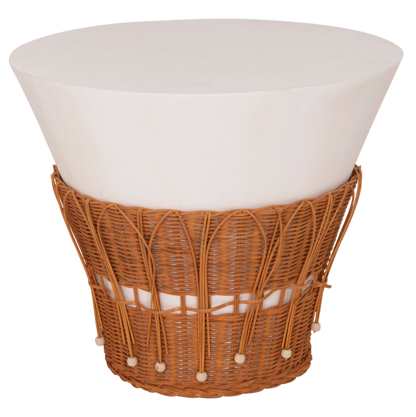 Coffee Table Round Perral Hm18164.02l Fiber Cement In White-natural Rattan--Φ55x45hcm.