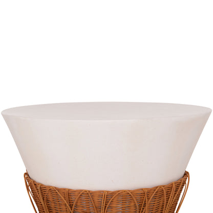 Coffee Table Round Perral Hm18164.02l Fiber Cement In White-natural Rattan--Φ55x45hcm.