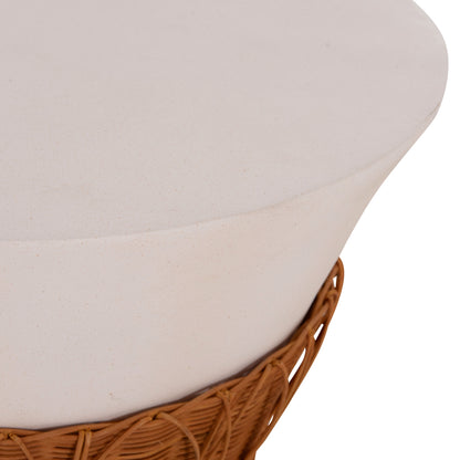 Coffee Table Round Perral Hm18164.02l Fiber Cement In White-natural Rattan--Φ55x45hcm.