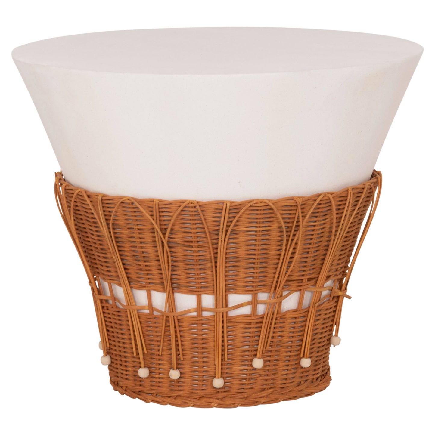 Coffee Table Round Perral Hm18164.02l Fiber Cement In White-natural Rattan--Φ55x45hcm.