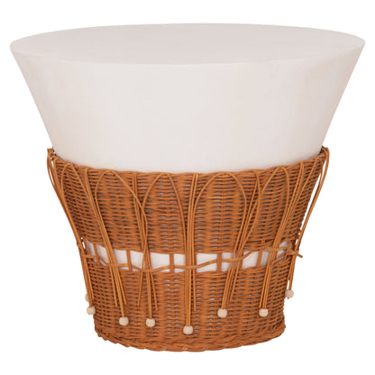 Coffee Table Round Perral Hm18164.02l Fiber Cement In White-natural Rattan--Φ55x45hcm.