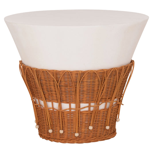 Coffee Table Round Perral Hm18164.02l Fiber Cement In White-natural Rattan--Φ55x45hcm.