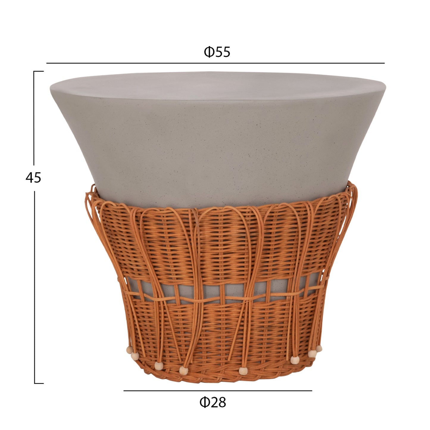 Coffee Table Round Perral Hm18164.03l Fiber Cement In Grey-natural Rattan--Φ55x45hcm.