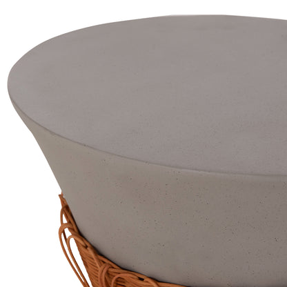 Coffee Table Round Perral Hm18164.03l Fiber Cement In Grey-natural Rattan--Φ55x45hcm.