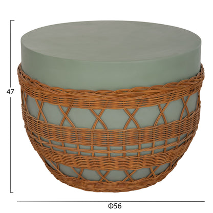 Coffee Table Round Vilhena Hm18165 Fiber Cement Green--natural Rattan Φ56x47hcm.