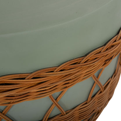 Coffee Table Round Vilhena Hm18165 Fiber Cement Green--natural Rattan Φ56x47hcm.