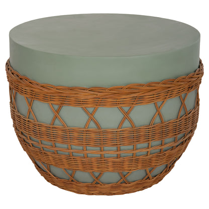 Coffee Table Round Vilhena Hm18165 Fiber Cement Green--natural Rattan Φ56x47hcm.