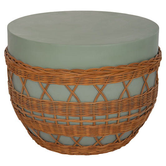 Coffee Table Round Vilhena Hm18165 Fiber Cement Green--natural Rattan Φ56x47hcm.