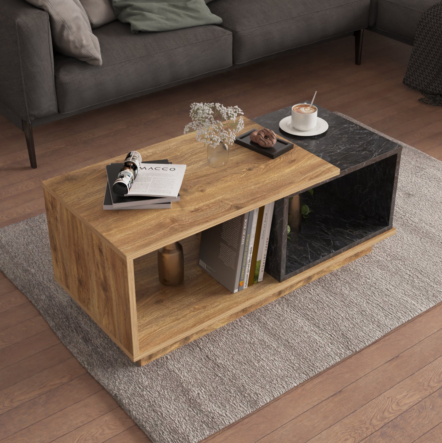 Coffee Table Teles Hm18181.02 Melamine In Natural Wood & Black Marble Color 100x45x42hcm.