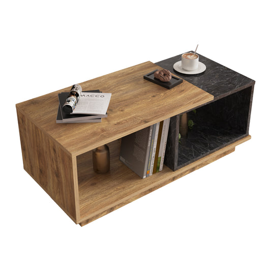 Coffee Table Teles Hm18181.02 Melamine In Natural Wood & Black Marble Color 100x45x42hcm.