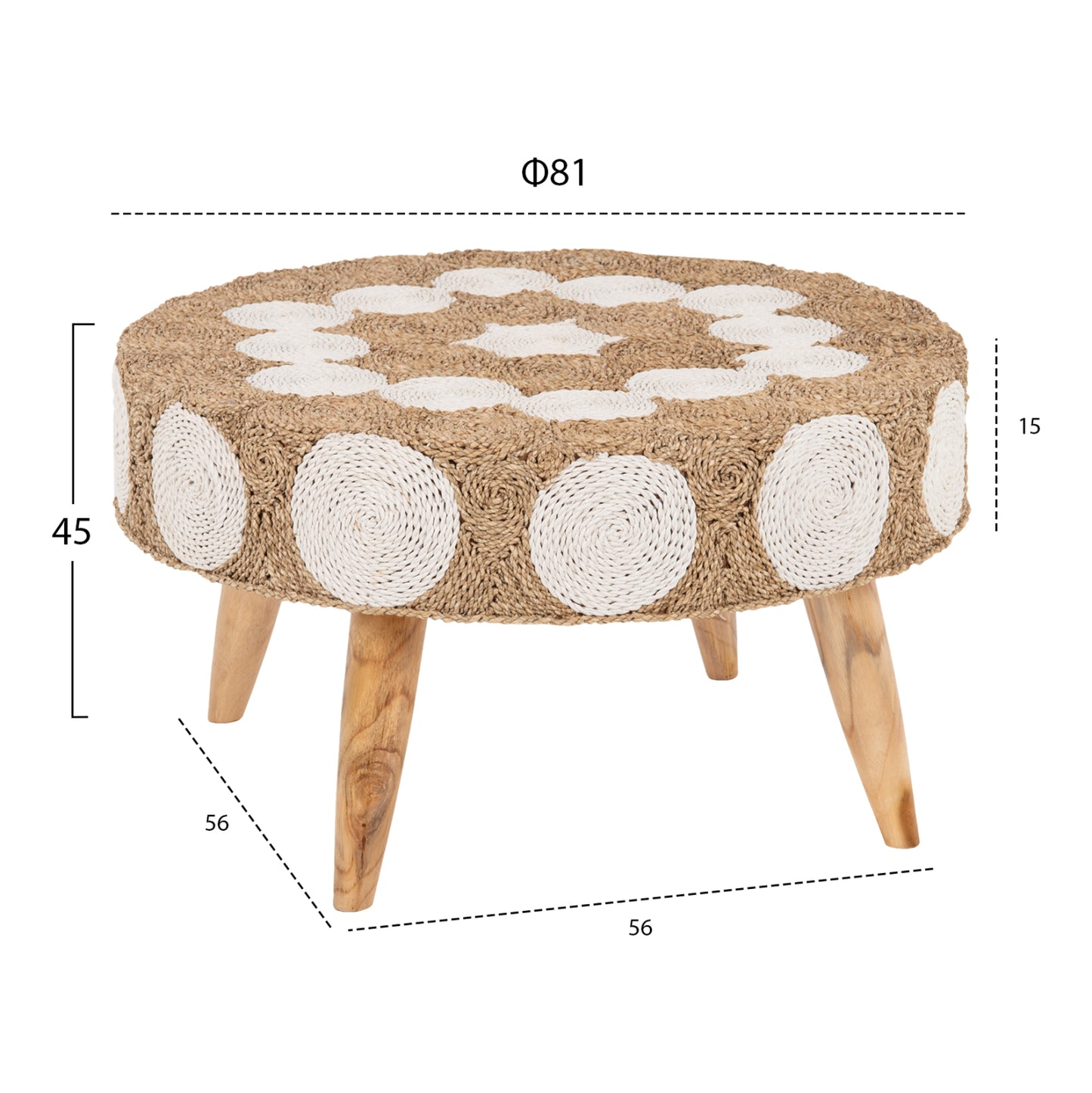 Coffee Table Round Hm7825 Teak Wood And Seagrass Top In Natural & White Φ81x45hcm.