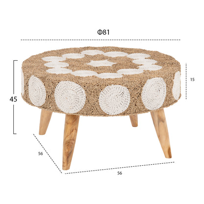 Coffee Table Round Hm7825 Teak Wood And Seagrass Top In Natural & White Φ81x45hcm.