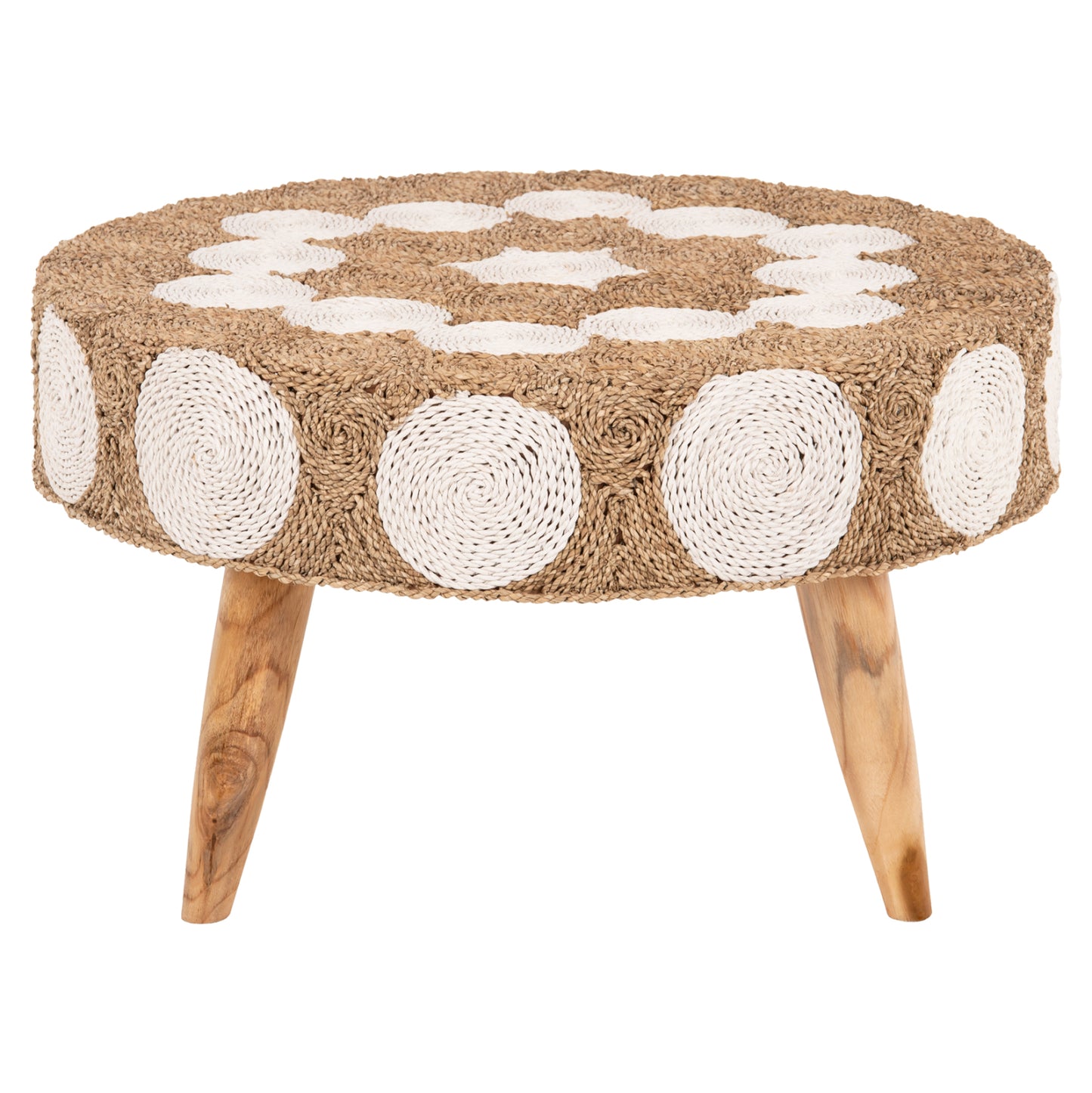 Coffee Table Round Hm7825 Teak Wood And Seagrass Top In Natural & White Φ81x45hcm.