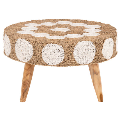 Coffee Table Round Hm7825 Teak Wood And Seagrass Top In Natural & White Φ81x45hcm.