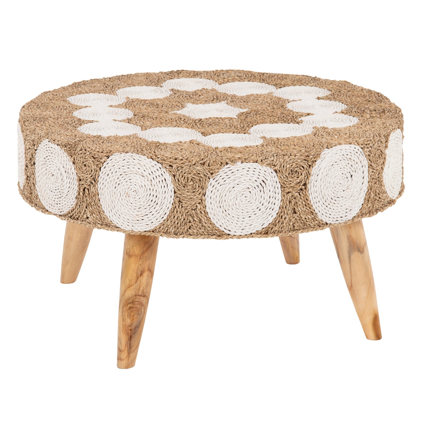Coffee Table Round Hm7825 Teak Wood And Seagrass Top In Natural & White Φ81x45hcm.