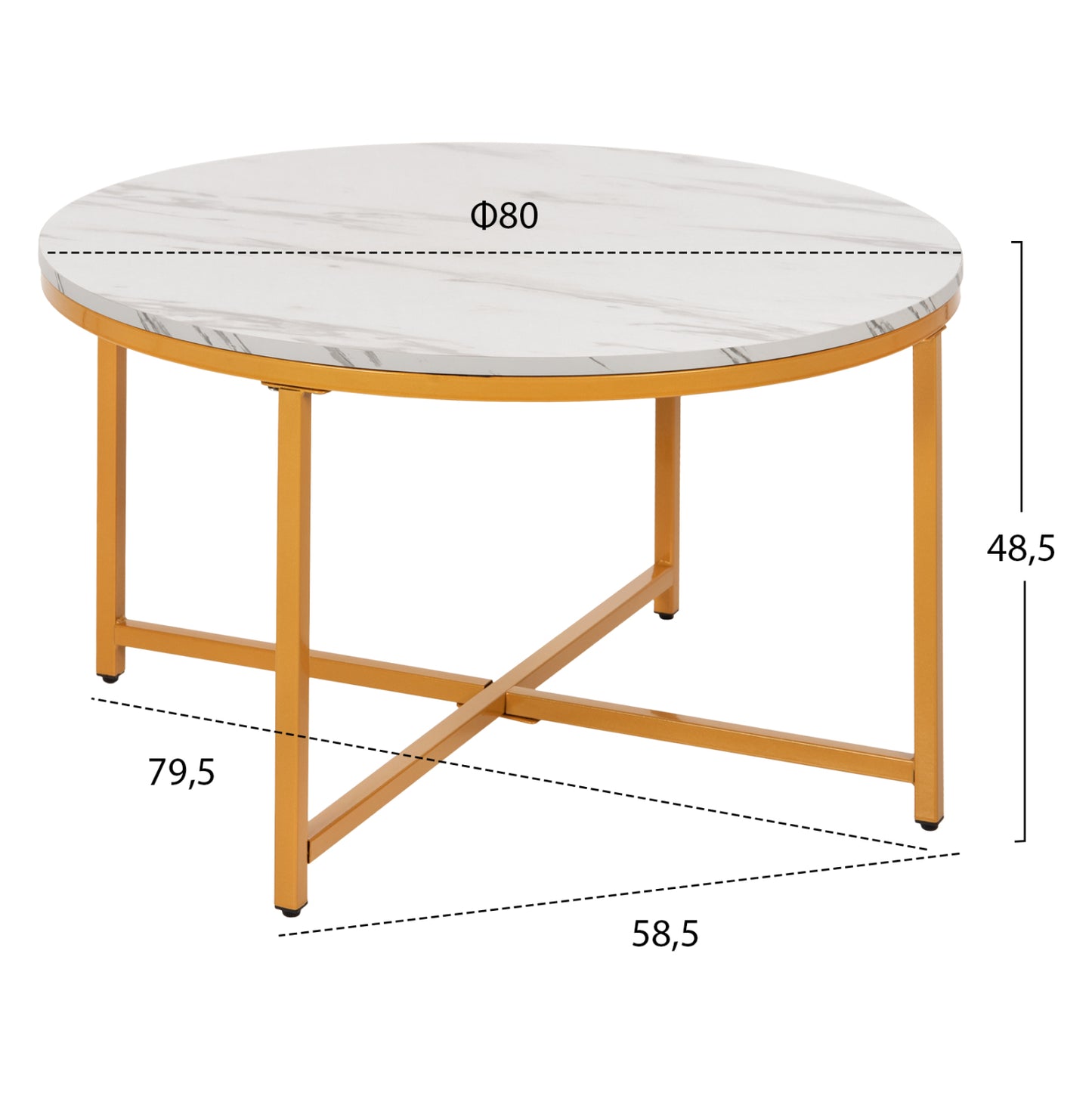 Coffee Table Hm9420.01 Melamine White Marble-gold Metal Legs Φ80x48,5hcm.