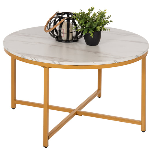 Coffee Table Hm9420.01 Melamine White Marble-gold Metal Legs Φ80x48,5hcm.