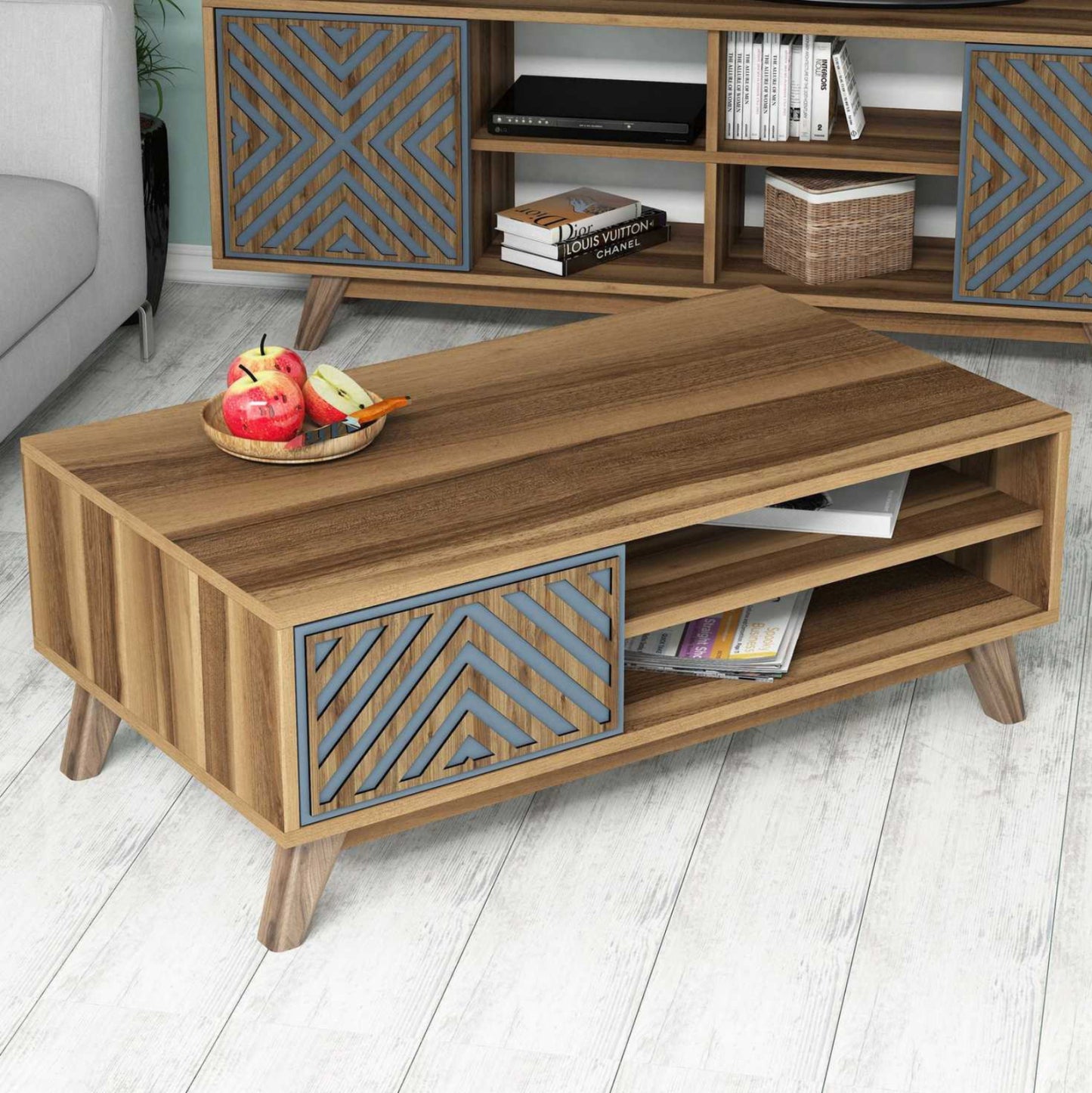 Coffee Table Hm9502.02 Melamine With Cabinet Walnut & Blue 105x60x38.2hcm.