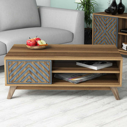 Coffee Table Hm9502.02 Melamine With Cabinet Walnut & Blue 105x60x38.2hcm.