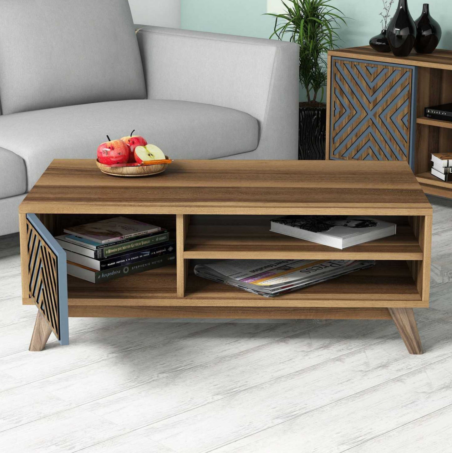Coffee Table Hm9502.02 Melamine With Cabinet Walnut & Blue 105x60x38.2hcm.