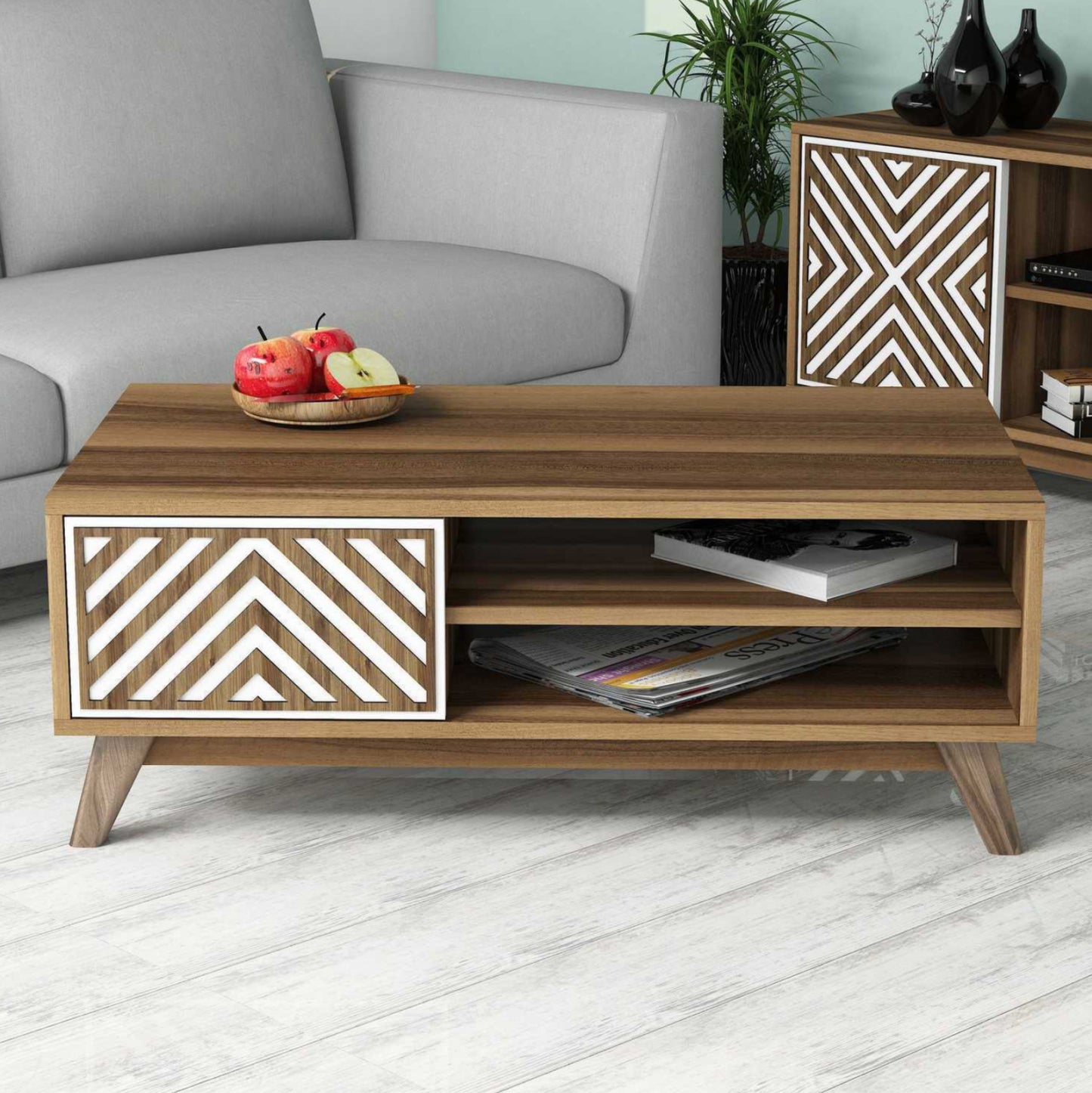 Coffee Table Hm9502.03 Melamine With Cabinet Walnut & White 105x60x38.2hcm.