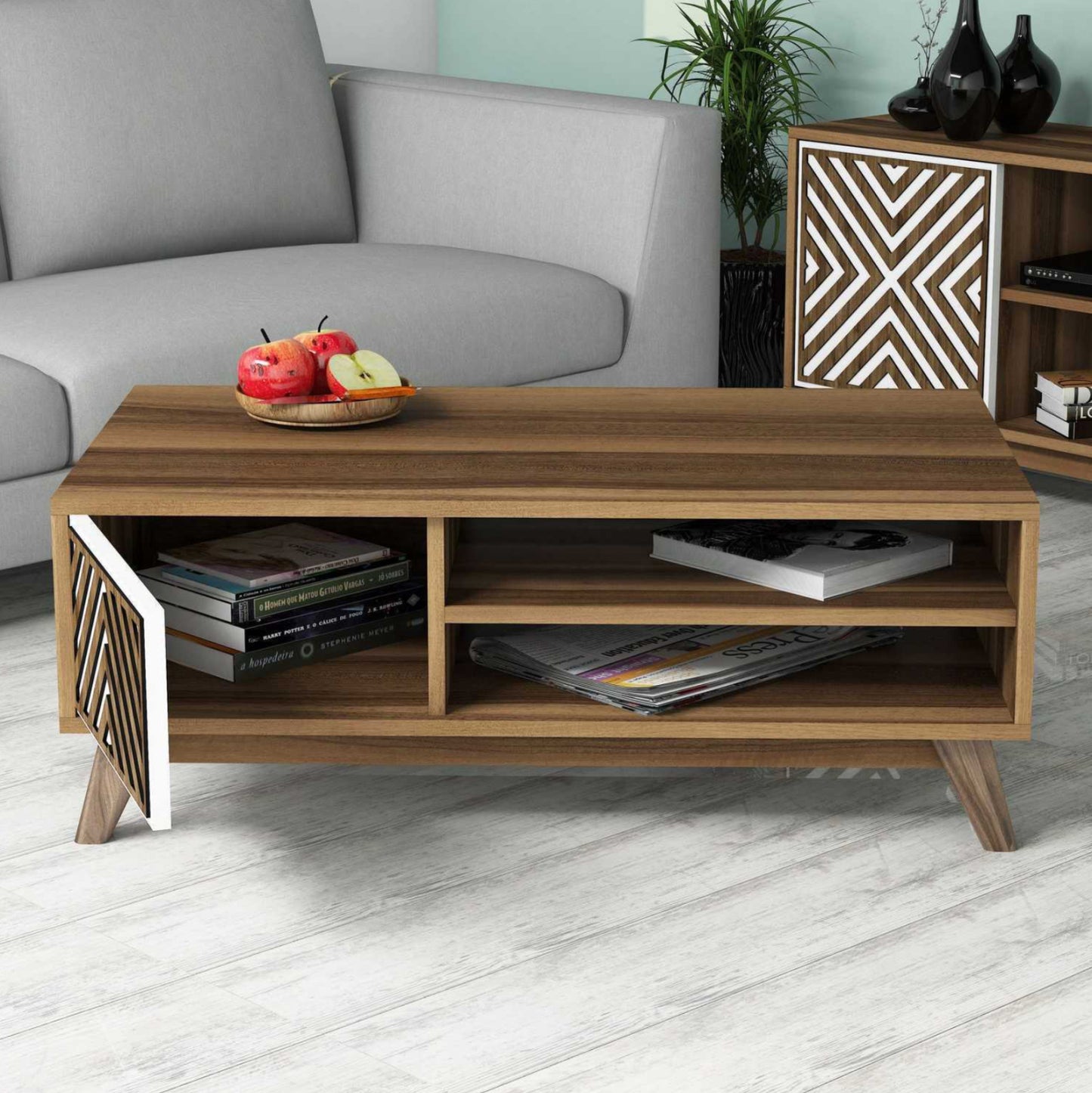Coffee Table Hm9502.03 Melamine With Cabinet Walnut & White 105x60x38.2hcm.